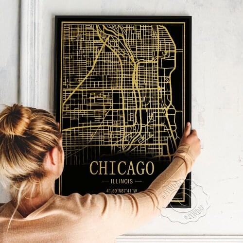 Illinois Chicago Map Poster, Black Golden Chicago Satellite Image Line Art Prints, Nordic Vintage Geography Wall Home Decor Gift