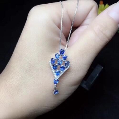Natural blue sapphire necklace pendant S925 silver natural gemstone pendant Tassels Fan Water drop girlfriend party gift jewelry