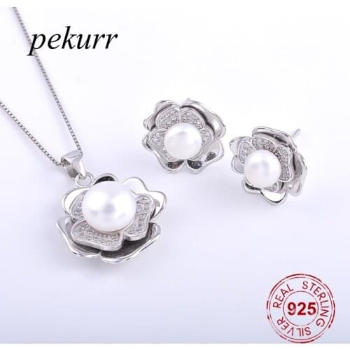 Pekurr 925 Sterling Silver Blooming Lotus Freshwater Natural Pearl Earrings Necklace Sets For Women Zircon Big Flower Pendants