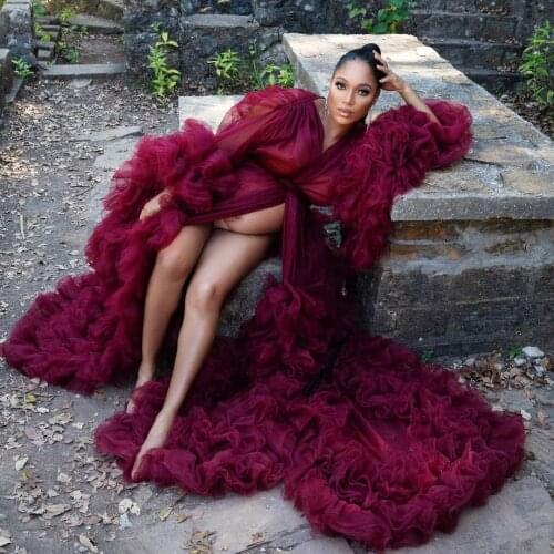 Burgundy Maternity Gowns for Photoshoot Luxury Ruffles Tiered Skirts Long Women Maternity Dresses Babyshower Prom Party Wear