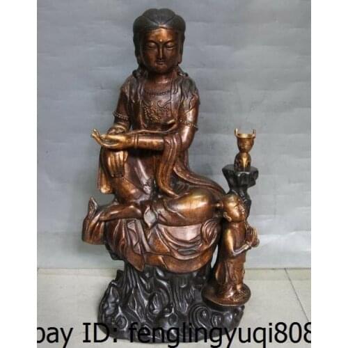 Tibet Fane Brozne Copper Buddhism Tongzi Boy Kwan-yin Guanyin Bodhisattva Statue
