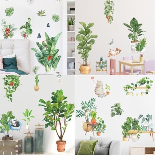 Tropical Potted Plants Wall Stickers Cat Home Decor Living Room Posters On The Wall Mural Bedroom Decoration Green Leaves Vinyls