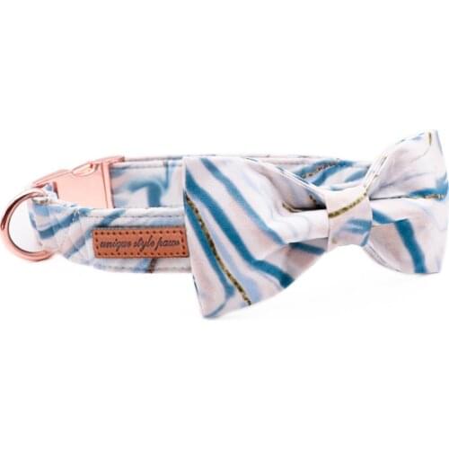 Unique Style Paws Blue Pink Waves Dog Collar with Bow Tie Soft and Cotton Fabric Collar Metal Buckle Adjustable