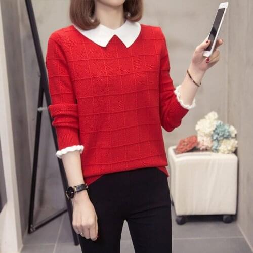 Large Size Knitwear Women Doll Collar Loose Plaid Sweater Shirt Autumn And Winter Collocation Fashion Knitted Pullover Tops M272