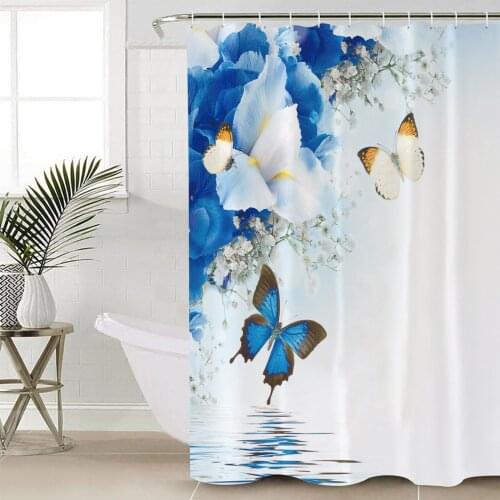 Lily Flowers Butterfly Water Surface Shower Curtain Bathroom Decorative Waterproof Polyester Fabric Curtain for Bathroom