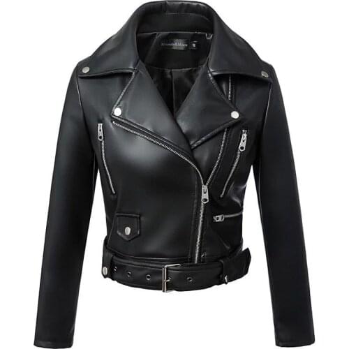 New 2021 Women Fall Winter Black Faux PU Leather Jackets Zipper Basic Coat Turn-down Collar Motor Biker Jacket With Belt Coats