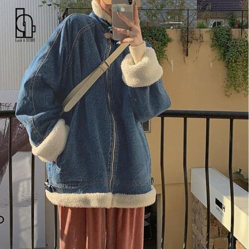 Luck A 2021 Women Winter Casual Thick Warm Lamb Fur Coats Female Denim Faux Fur Loose Jacket Lady Fashion Korean Streetwear
