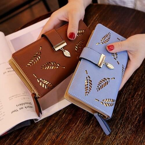 Pouch Handbag for Women Coin Purse Card Holders Clutch Women Wallet Pu Leather Purse Female Long Wallet Gold Hollow Leaves