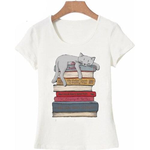 I Love Book And Cat Print Women T-Shirt Vintage Cute Cartoon T shirt Summer Fashion Short Sleeve White Tops Graphic Tees Woman
