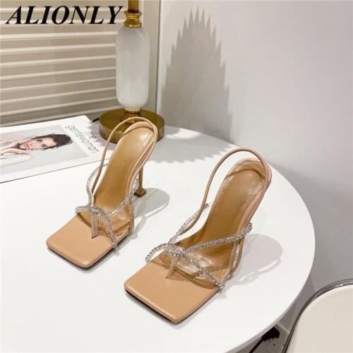 ALIONLY Crystal New Rhinestone Sandals for Women 2021 Summer Square Toe Stiletto High Heels Sexy Fetish Stripper Female Shoes