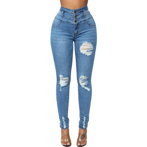Womens Casual Tight Jeans Zipper Three Breasted High Waist Stretch Small Leg Pants Spring Summer Slim Solid Color Jeans 2021 New