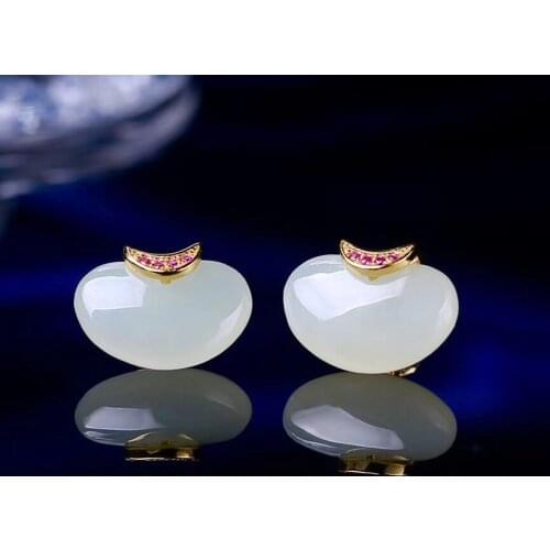 Natural authentic female s925 silver inlay and white jade earrings simple fashion earrings