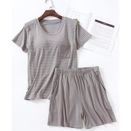 Pyjama Woman Set 2021 Casual Summer Pajamas Short Sleeve Striped Top + Pant Two Pieces Home Suit Bra Padded Sleepwear Pijama