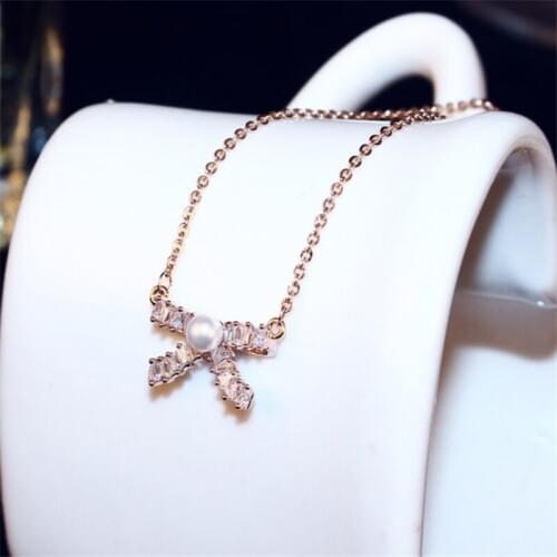 Brand Crystal Bow Pendant Necklaces For Women Bijoux Rose Gold Color Choker Necklace Fashion Jewelry Cute Gift NWLN153