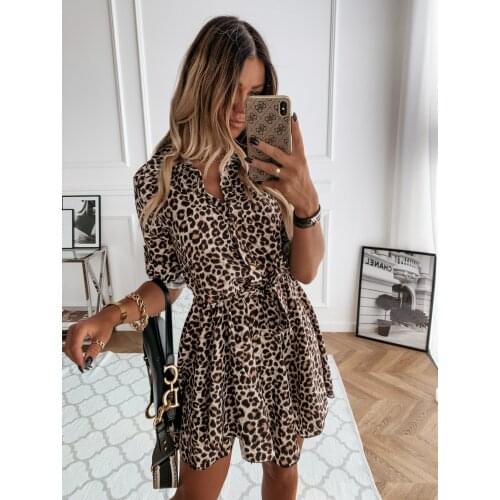 Fashion Women Cover Up Animal Printed Shirts Dress Tie Waist Roll up Sleeve Buttons Down Pleated Dress