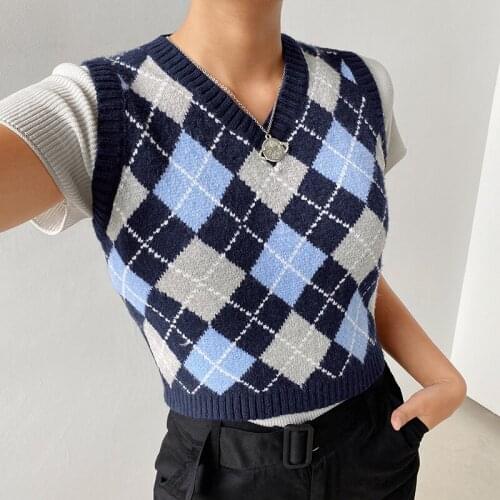 2021 Argyle Plaid Knitted Tank Top Female Knitwear Preppy Style Y2K Clothes V Neck Casual Crop Sweater Vest 90s Streetwear
