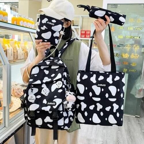 4 Piece Korean Cow Print Female Bag Women School Backpack Waterproof Large-Capacity Schoolbag For Girls