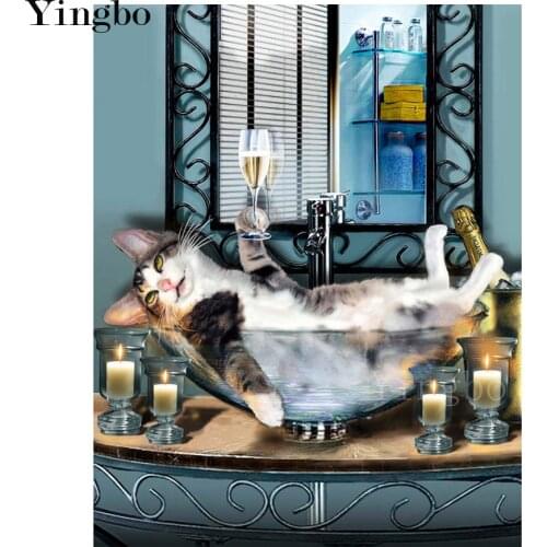 5d Diy Diamond Painting Cat bathing full square round diamond mosaic diamond embroidery rhinestones bathroom decoration art