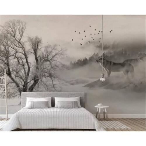 Beibehang Custom modern Nordic minimalist black white snow big tree flying bird wolf background papel de parede wallpaper
