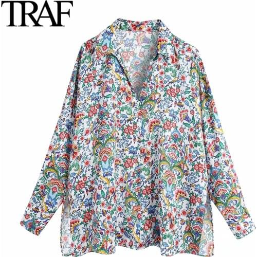 Traf Za Women Clothing 2021 Spring Autumn Long Sleeve Blouses Fashion Chic Loose Satin Shirts Floral Print Buttoned Tops