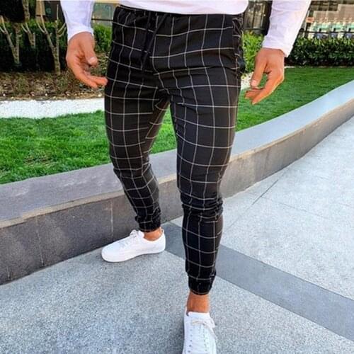 Sexy High Wasit Spring Summer Fashion Pocket Mens Slim Fit Plaid Straight Leg Trousers Casual Pencil Jogger Casual Pants