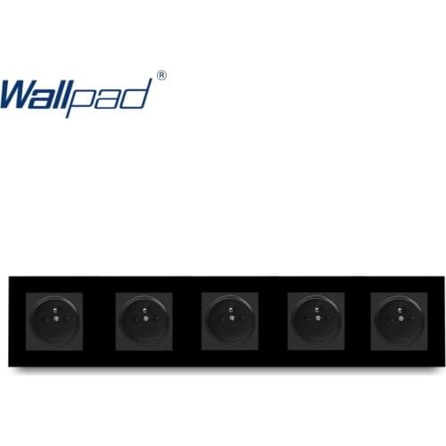 5 Frame French Socket Wallpad Black Crystal Glass 430*86mm 16A Quadruple Sockets French Standard Electrical Outlet