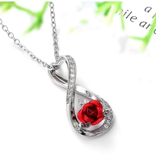 Hainon New Fashion Gold Color Necklace Charm Red Rose Flower Cross Pendant Silver Color Engagement Chain Necklace For Women