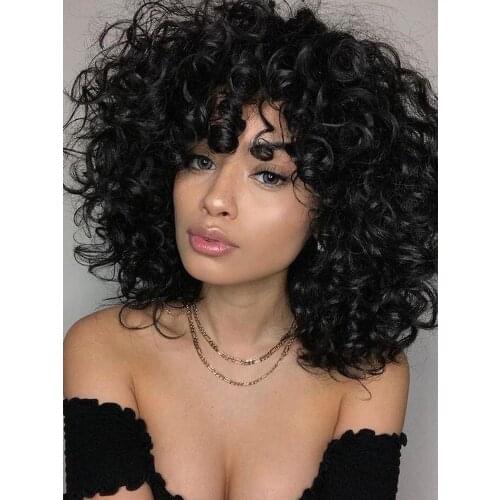 GEMMA Short Hair Black Kinky Curly Synthetic Wigs with Bangs for Black Women Afro Cosplay Party Wigs High Temperature Fiber