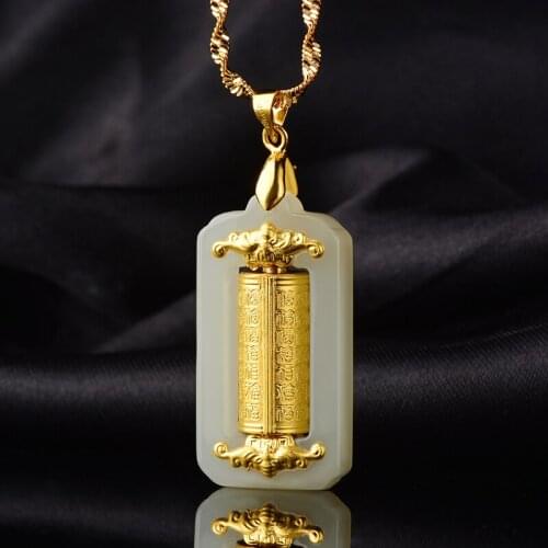 Fine 24K Gold Inlaid Hetian White Jade Pendant Buddhist Scripture Women and Men Jade Stone Pendant Free Necklace Certificate Box