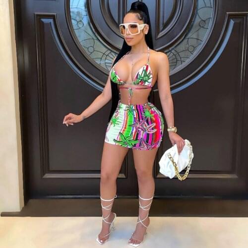 Summer Print Beach Wear Womens 2 Piece Outfits Sexy V Neck Backless Bandage Crop Top + Mini Skirts Matching Set Two Piece Set