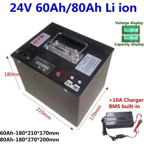 GTK 24V 60Ah 80Ah lithium battery pack 3.7v li ion cell with power BMS for ebike scooter solar Golf Car+10A charger