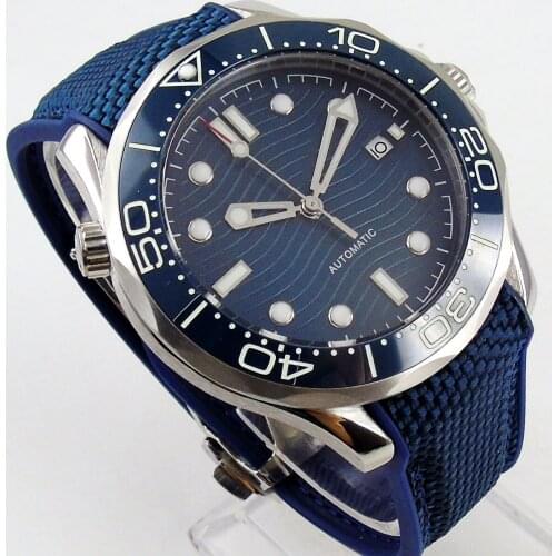 41mm navy blue sterile dial luminous ceramic bezel sapphire glass date automatic mens watch