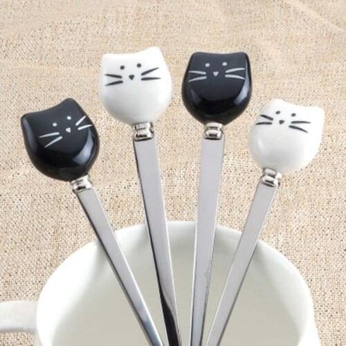 Stainless Steel & Ceramic Spoon Tableware Cat Animal Black 16cm x 2.5cm, 1 Piece