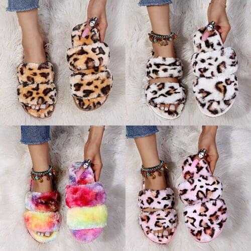 2021 New Leopard Print Girls Cotton Winter Cross Band Soft Plush Furry Indoor Shoes Open Toe Fluffy House Slippers