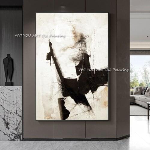 The New Abstract 100%Handmade Black White Oil Paintings White Large On Canvas Palette Wall Art Pictures For Living Room Decor