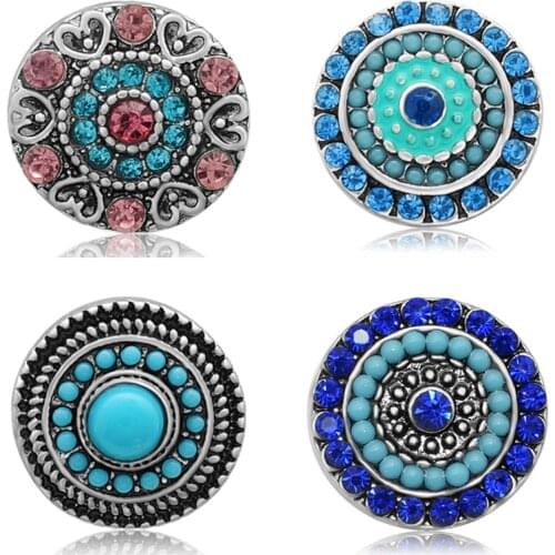 New Round Rhinestone beads blue style Dots flowers 18MM snap buttons fit DIY 18MM snap bracelet snap jewelry Gift