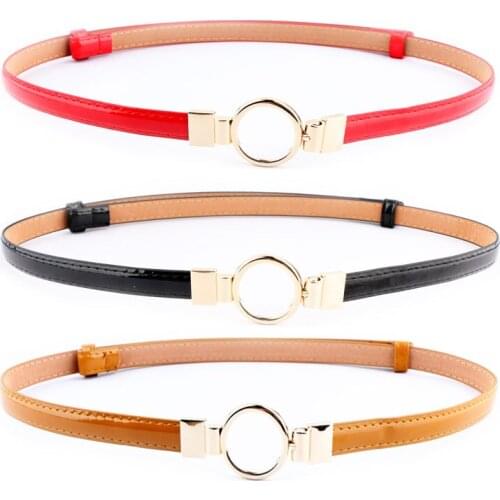 New Design Black Red Narrow Thin Belt Bright Pu Patent Leather Waistband Female Ladies Gold Metal Circle Buckle Belts For Women