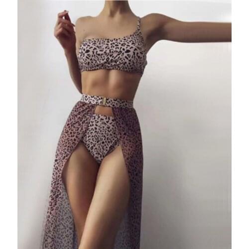 New Cube Printed Halter Bikini Female Swimsuit Women Swimwear Three-pieces Bikini set With Sarong Bather Bathing Suit Swim