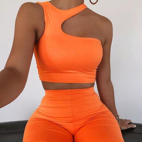 Solid Asymmetrical Two Piece Set Women Tracksuit One Shoulder Sleeveless Slim Fit Tank Top and Biker Short Workout Slim Outfit