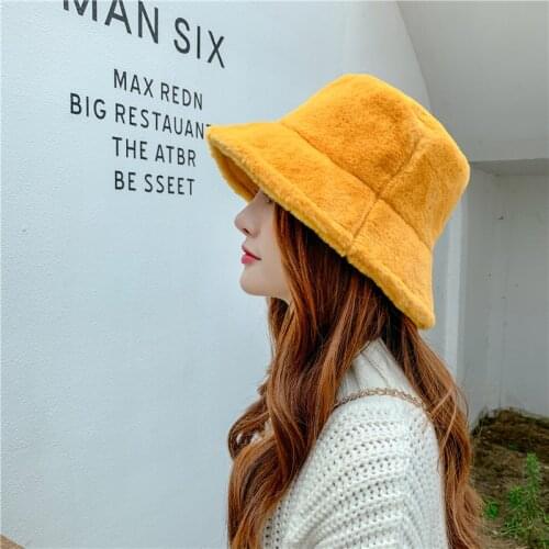 Winter Bucket-Hats Women Warm Fashion Solid Color Thickened Soft Panama Hat Cloche Faux Fur Fisherman Cap