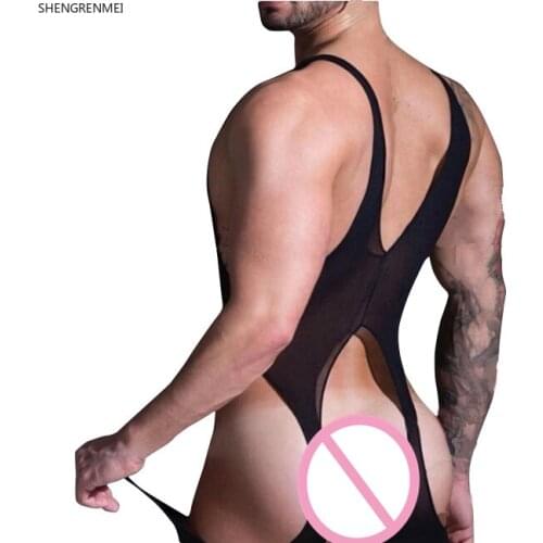 SHENGRENMEI Sexy Nightwear Men Bodysuit Hollow Bar Club Dance Party Transparent Black Underwear Male Sleepwear Body Stockings