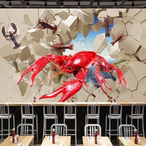 Custom 3D Creative Poster Crayfish Broken Wall Mural Wallpaper Seafood Hot Pot Restaurant Kitchen Photo Background Wall Painting