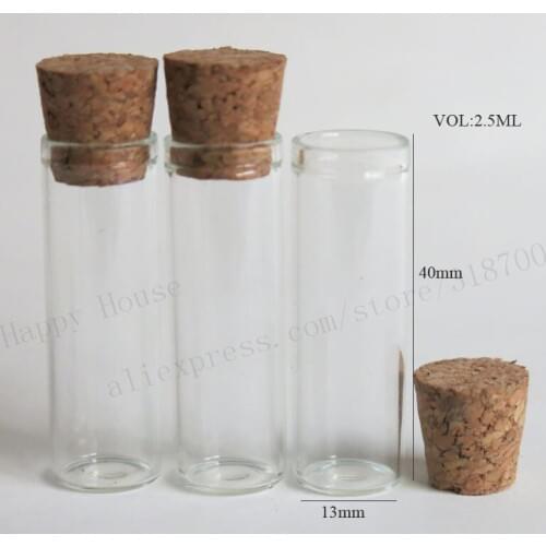 1000 x 2.5ml Clear Glass Sample Tube With Wooden Cork 2.5cc Small Glass Tube Vials 13*40mm Cork Stoppered Tube Bottles Storage