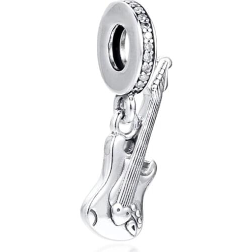 QANDOCCI 925 Sterling Silver Electric Guitar Dangle Charm Beads Fits Original Pandora Charms Bracelets for Women Fashion Jewelry