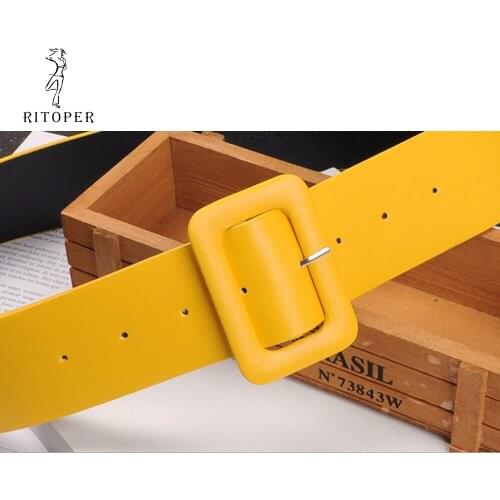 Fashion yellow Square Buckle Wide Belt for Women Decorative Belt for Dress Jeans Pants Casual Style PU Leather Waistband