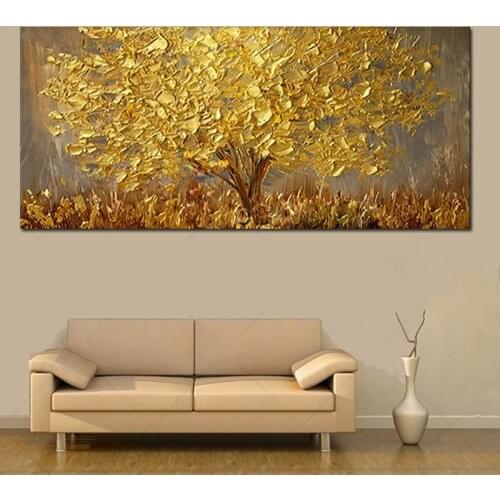 Hand Painted Large Palette 3D Knife Gold Tree Painting Modern landscape Oil Painting On Canvas Wall Art Picture For Living Room