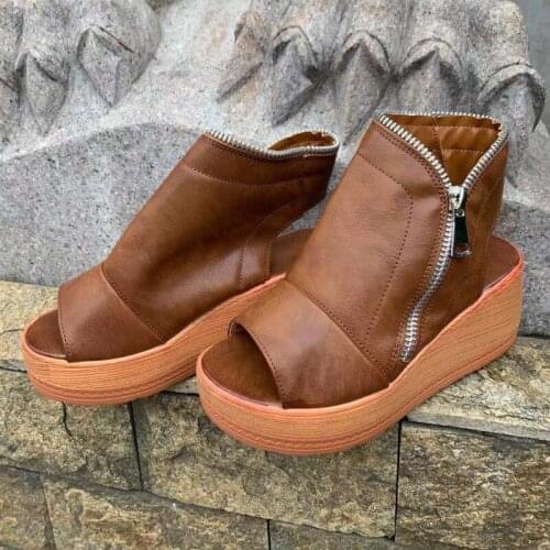 Platform Women Sandals Wedges High Heel Zipper Sandals Ladies Plus Size PU Sandlas Casual Platform Fismouth Shoes 35-43
