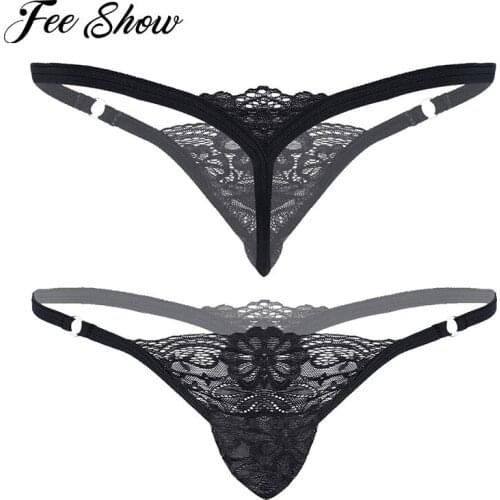 Gay Men Sexy Erotic Lingerie Briefs T-back Bulge Pouch See-through Embroidery Lace G-String Thong Sex Panties Bikini Underwear