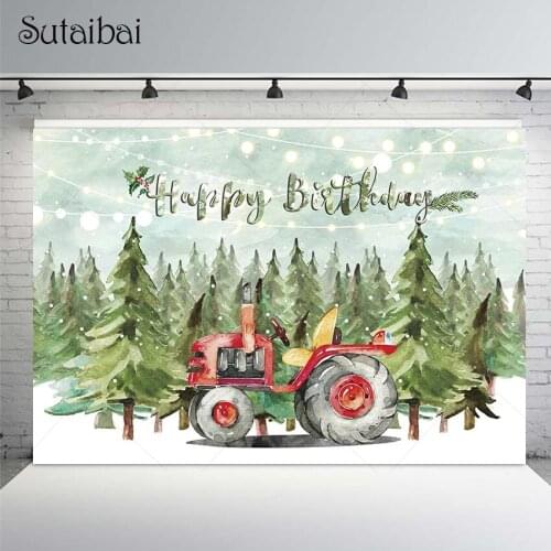 Fairy Winter Wonderland Backdrop Forest Snow Pine Tractor Happy Birthday Backdrop Photo Background Christmas Photography Props