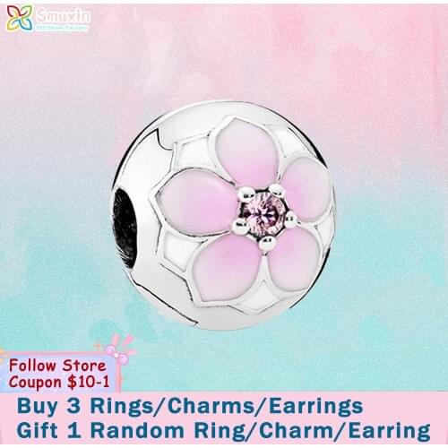 Smuxin 925 Sterling Silver Beads Silver Magnolia Bloom Clip Charms fit Original Pandora Bracelets Women Jewelry Making Girl Gift